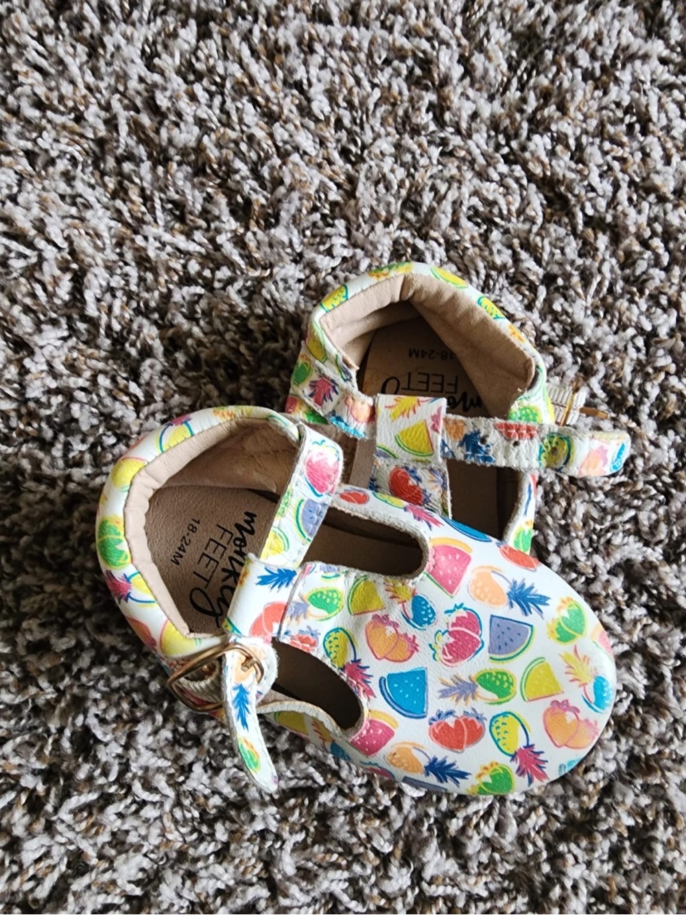 Monkey Feet White Mary Jane Baby Shoes with Multicolor Fruit Print